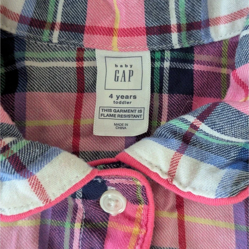 Baby Gap Flannel 2-piece Pajama Set Pink Blue Plaid Button Up Toddler PJs 4T